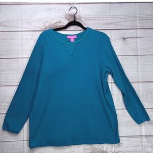 Woman Within Teal Blue Waffle Knit Basic Minimalist Thermal Long Sleeve Top L